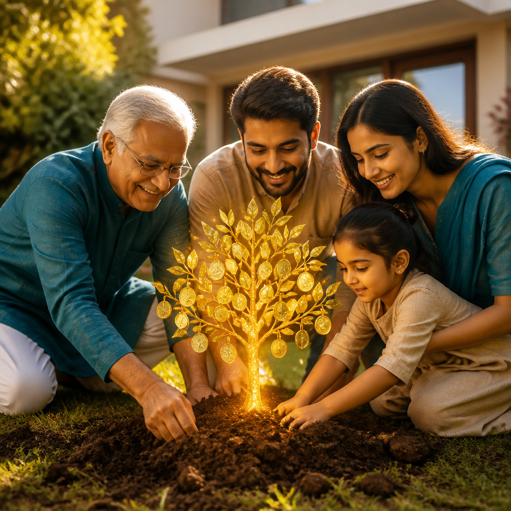 Three generations planting a golden money tree — a visual metaphor for the power of compounding wealth across every life stage